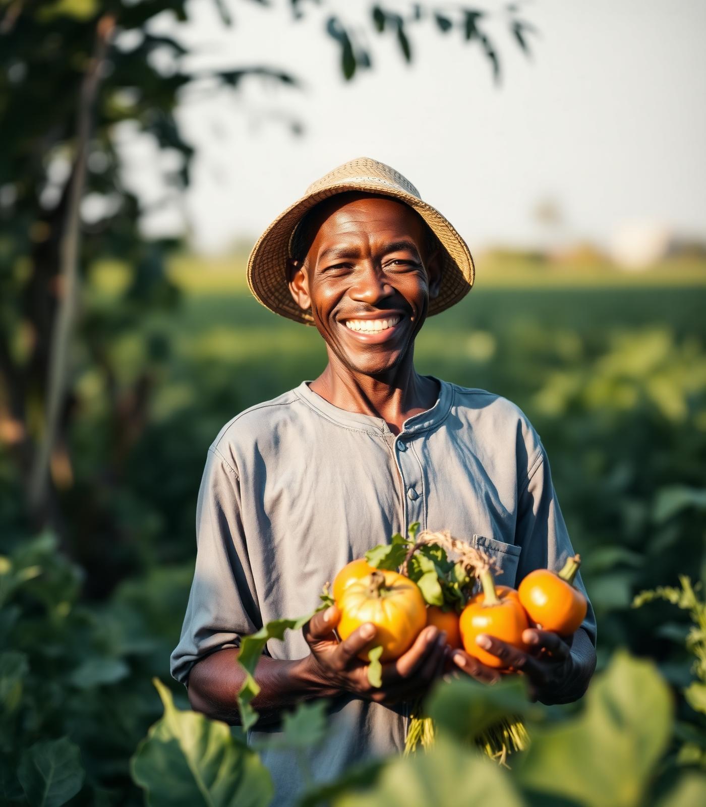 Smiling farmer holding fresh produce