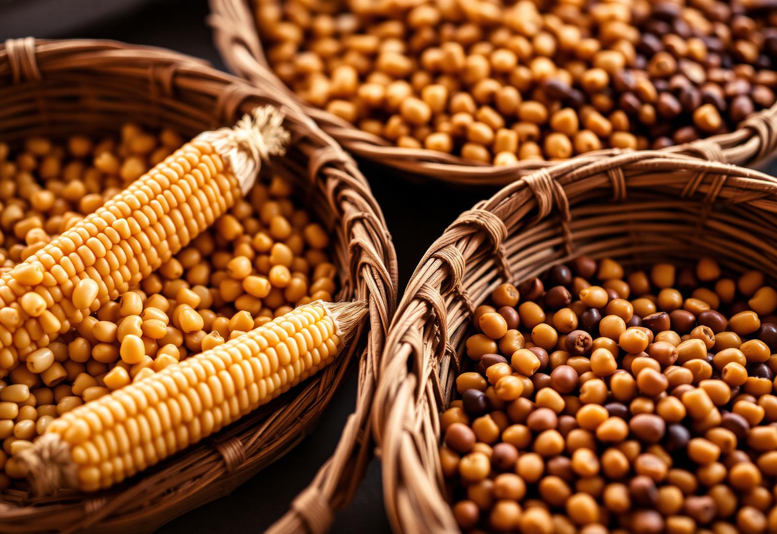 Maize and grains in baskets